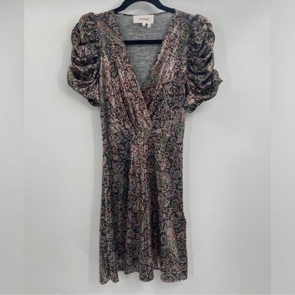 Ba&sh Shopbop Gala Puff Sleeve Metallic Paisley Floral Mini Dress Noir size xs 2 - Picture 4 of 16